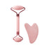 Pink rose quartz facial roller and heart-shaped gua sha tool for skincare massage.